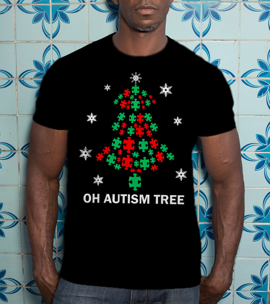 Oh Autism Christmas Tree Puzzle Piece Snowflakes T-Shirt