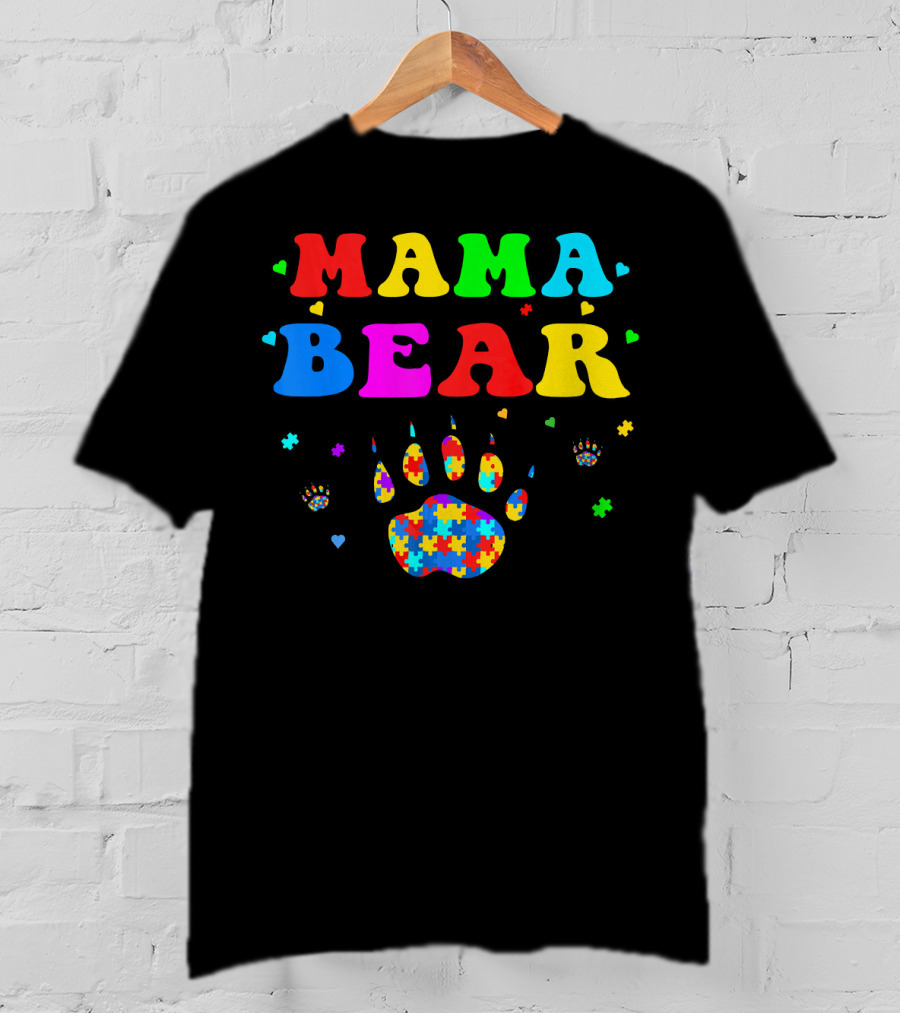 Mama Bear Autism Awareness Paw Puzzle Pieces T-Shirt