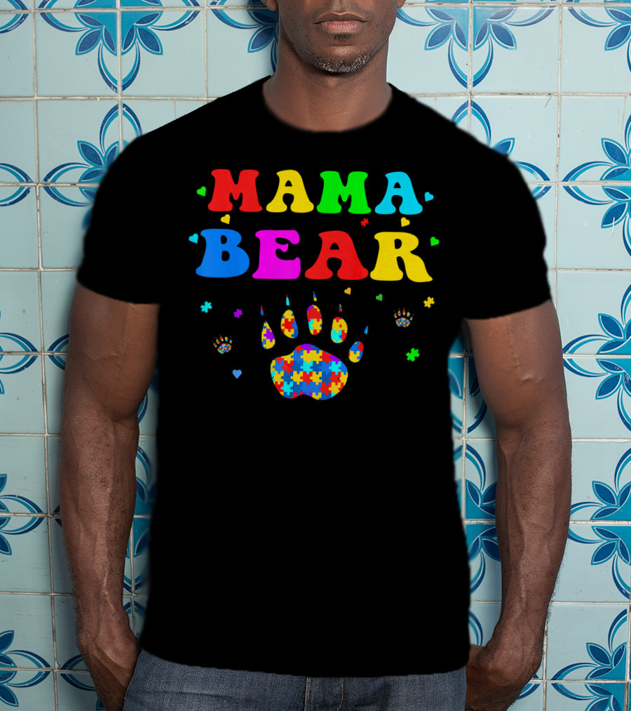 Mama Bear Autism Awareness Paw Puzzle Pieces T-Shirt