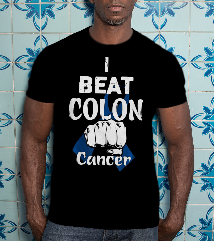 I Beat Colon Cancer Fist Blue T-Shirt