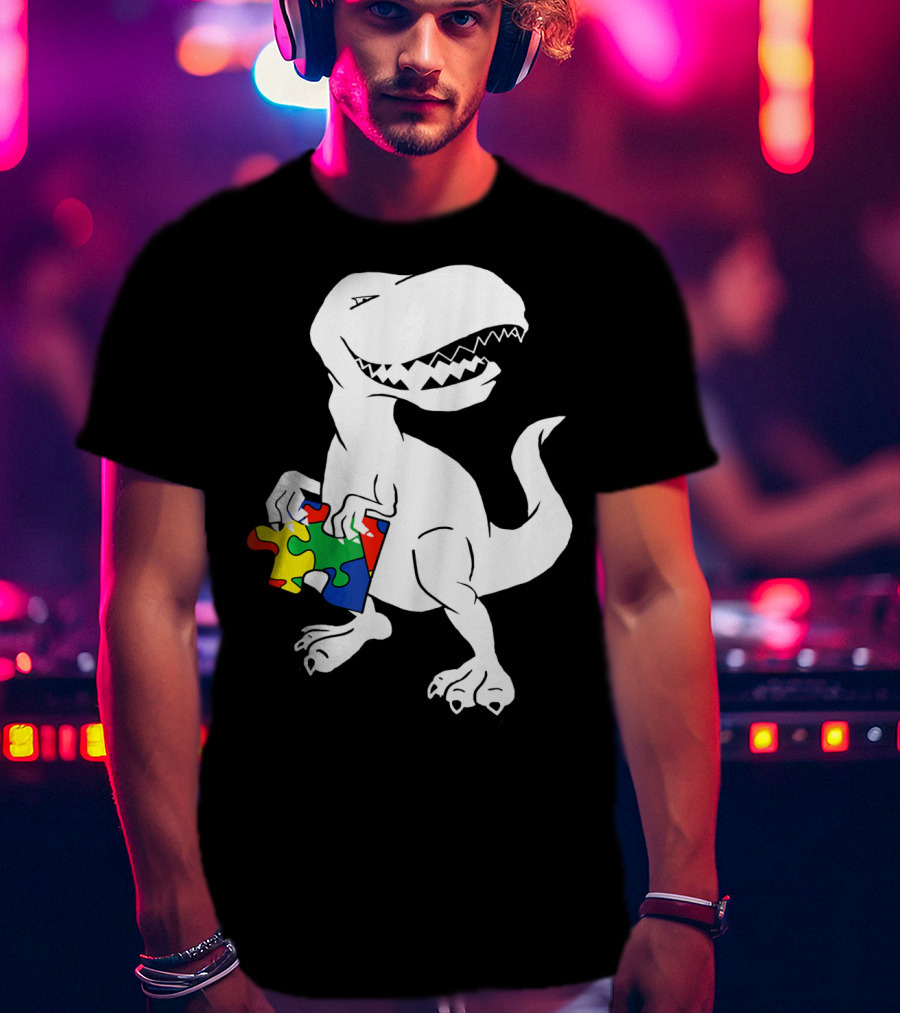 Dinosaur Holding Autism Puzzle Piece Awareness For Tyra T-Shirt