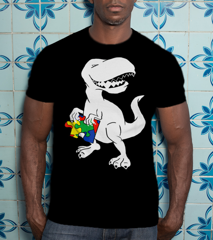 Dinosaur Holding Autism Puzzle Piece Awareness For Tyra T-Shirt
