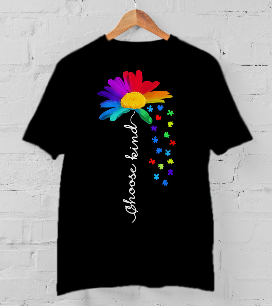 Choose Kind Autism Awareness Rainbow Daisy Puzzle Pieces T-Shirt
