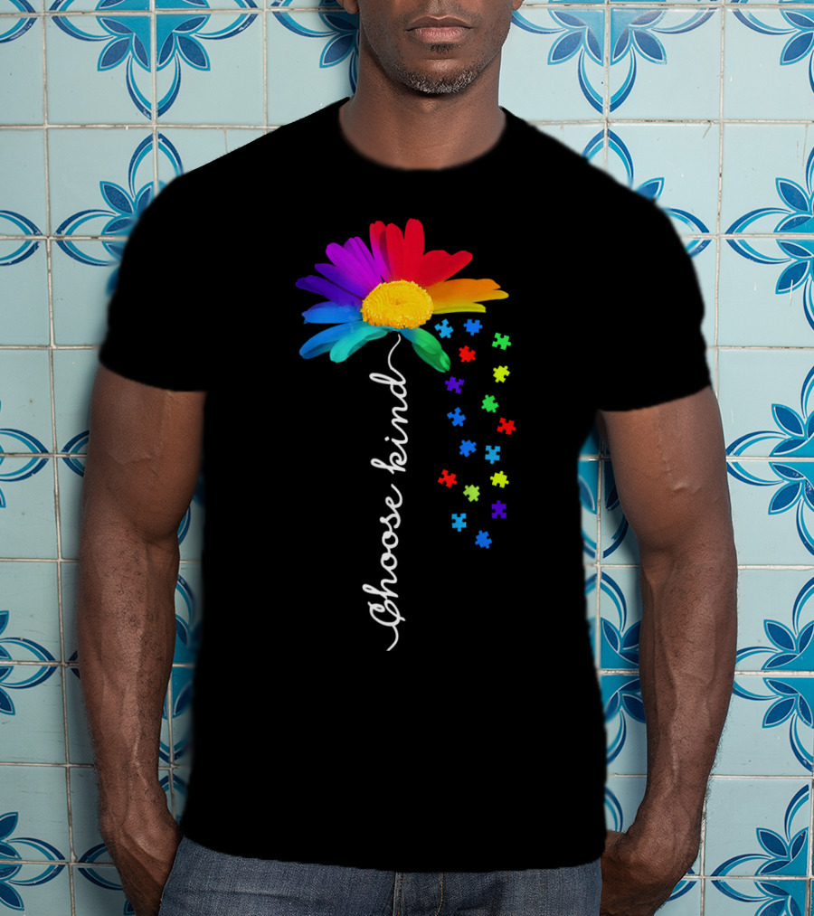 Choose Kind Autism Awareness Rainbow Daisy Puzzle Pieces T-Shirt