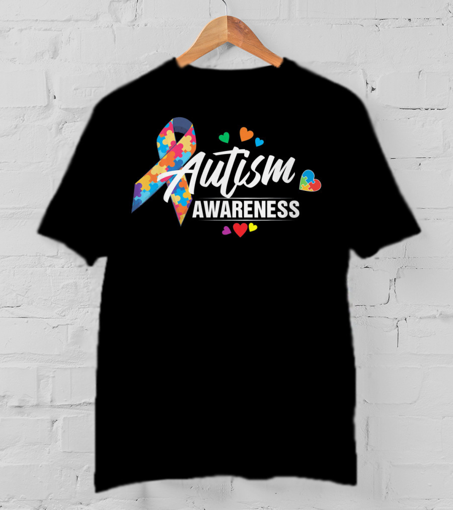 Autism Awareness Puzzle Ribbon Hearts T-Shirt
