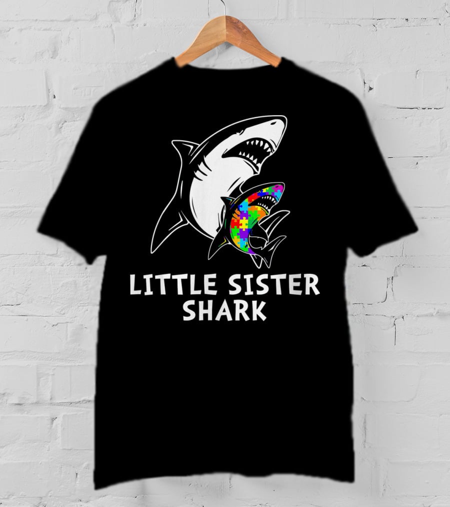Little Sister Shark Autism Puzzle Awareness T-Shirt