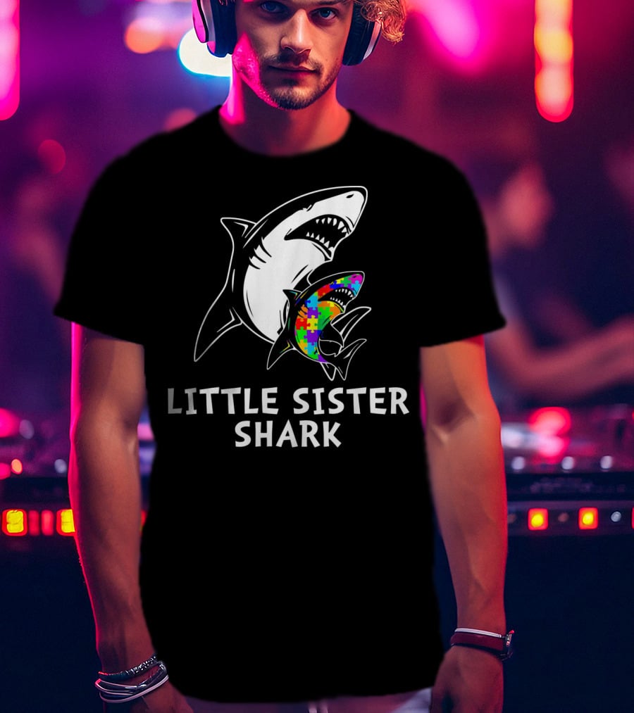 Little Sister Shark Autism Puzzle Awareness T-Shirt