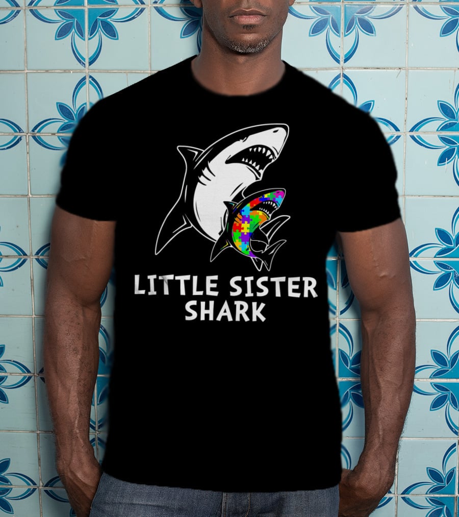 Little Sister Shark Autism Puzzle Awareness T-Shirt
