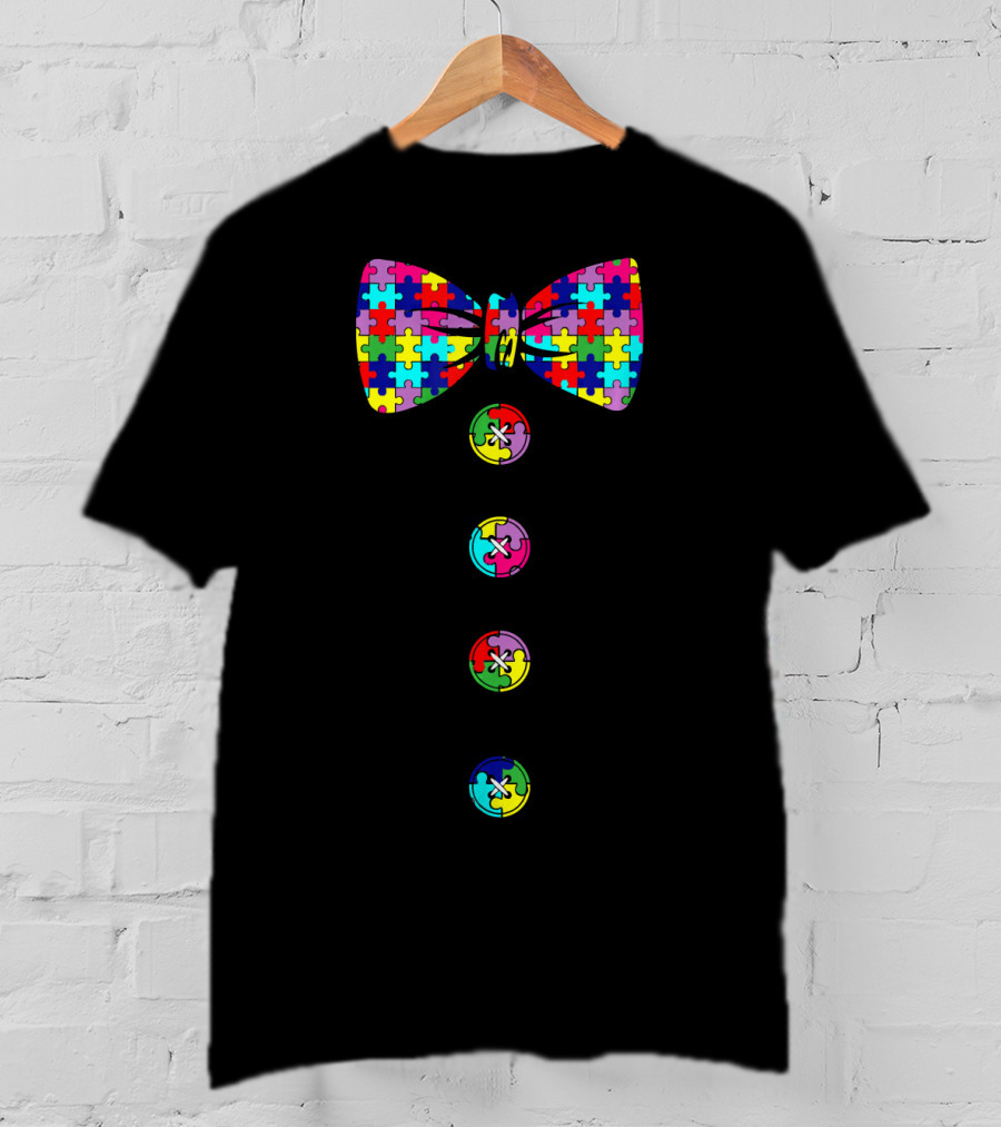Autism Awareness Puzzle Bow Tie And Buttons T-Shirt