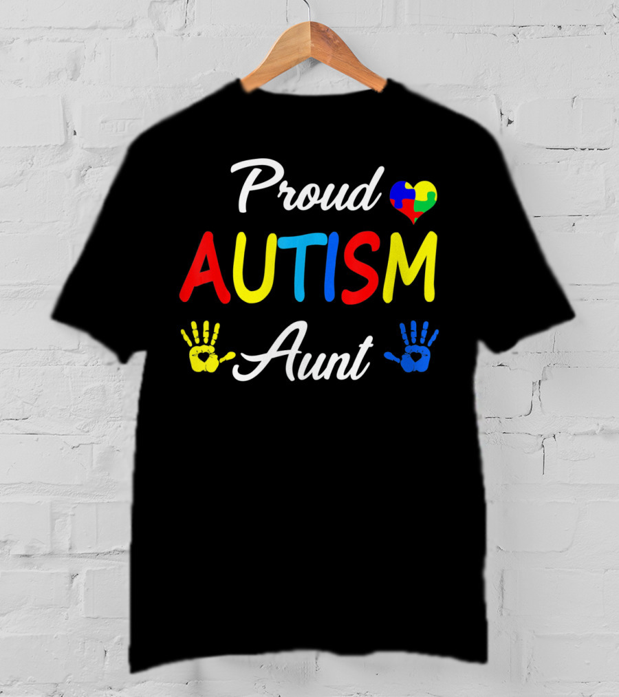 Proud Aunt Autism Awareness Family Handprint Heart Puzzle T-Shirt