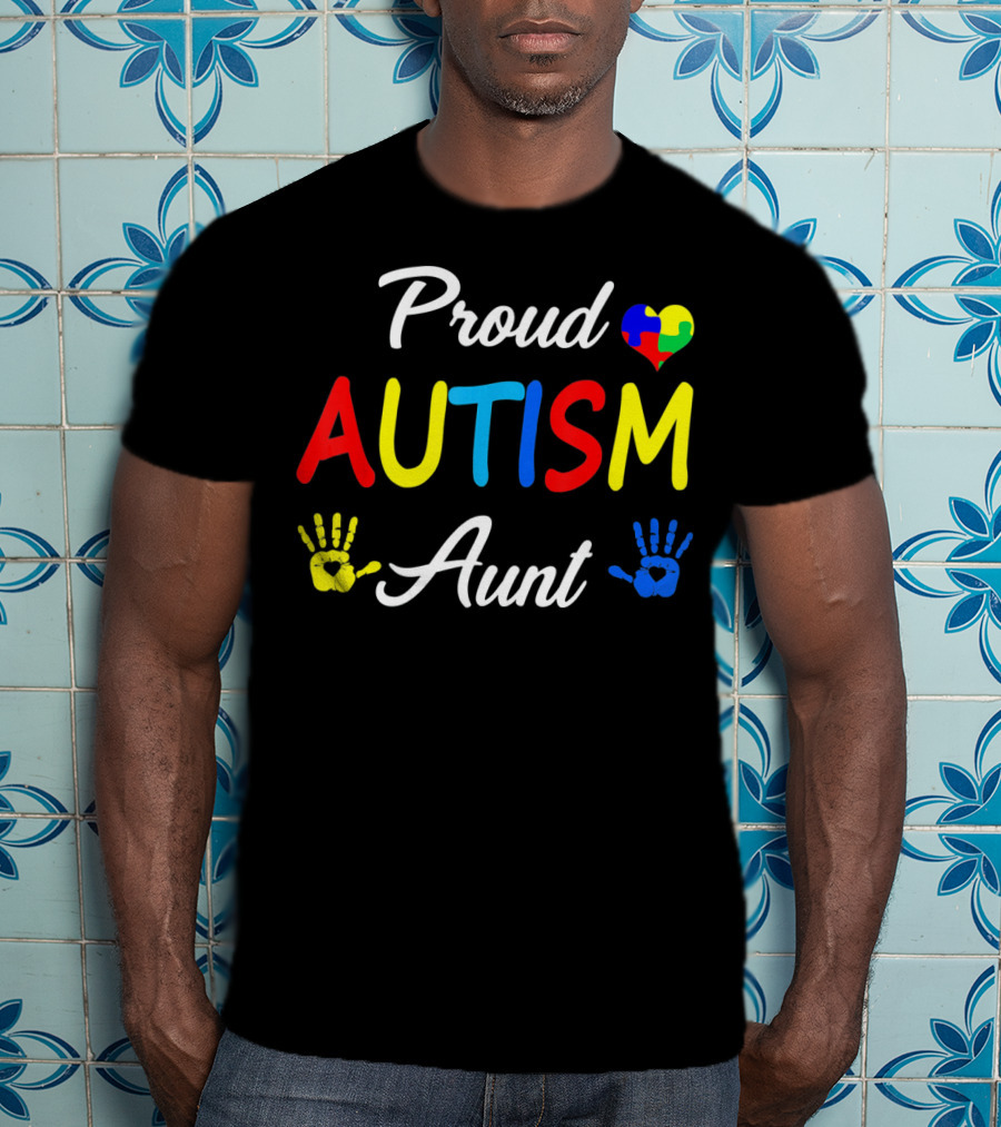 Proud Aunt Autism Awareness Family Handprint Heart Puzzle T-Shirt