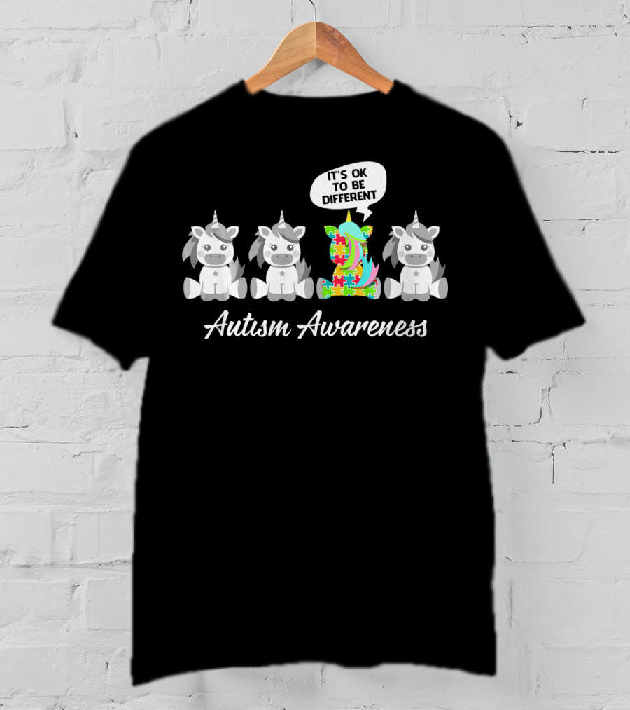 Autism Awareness Unicorn It's OK To Be Different With Puzzle Piece T-Shirt