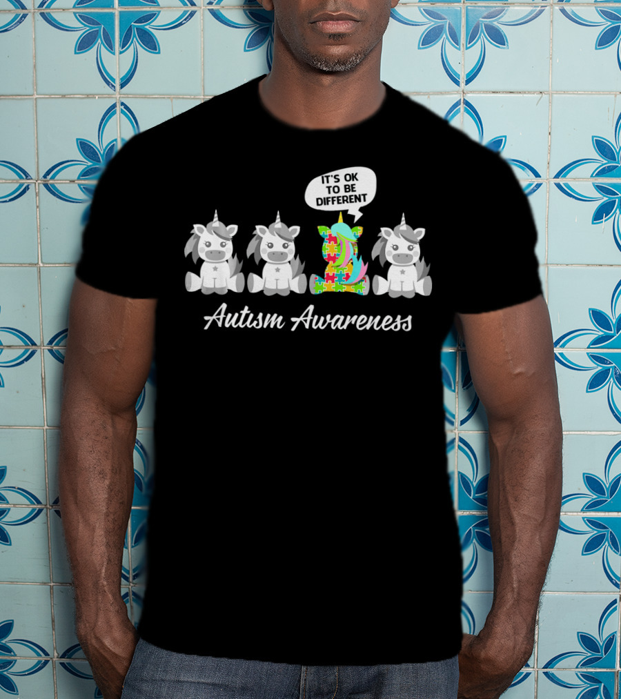 Autism Awareness Unicorn It's OK To Be Different With Puzzle Piece T-Shirt