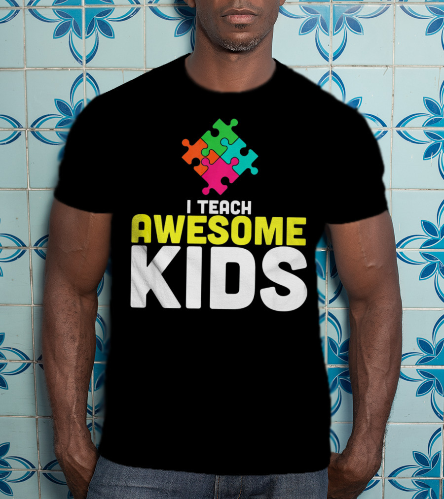 I Teach Awesome Kids Autism Awareness Teacher Puzzle T-Shirt