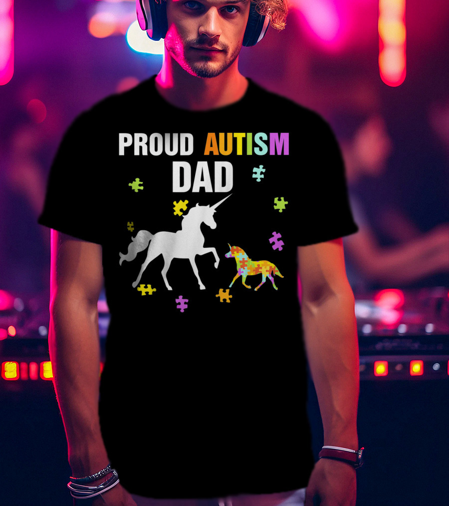 Proud Autism Dad Unicorn Puzzle Autism Awareness T-Shirt