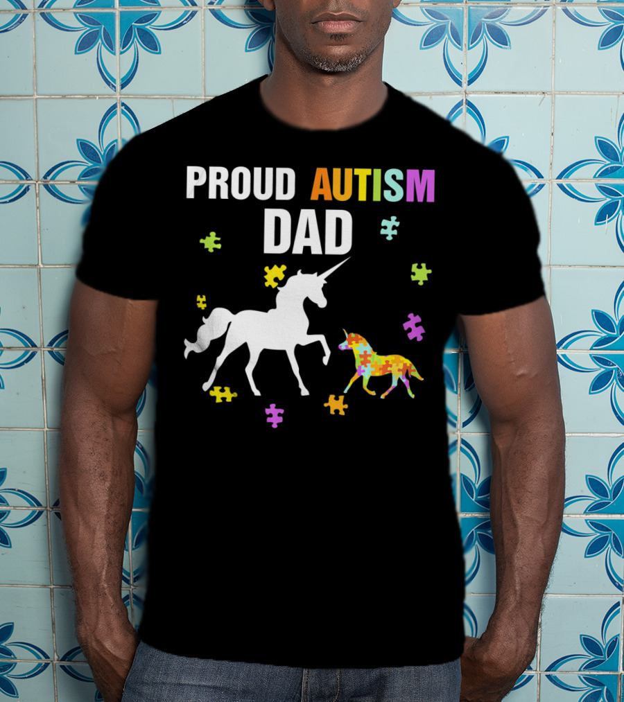 Proud Autism Dad Unicorn Puzzle Autism Awareness T-Shirt