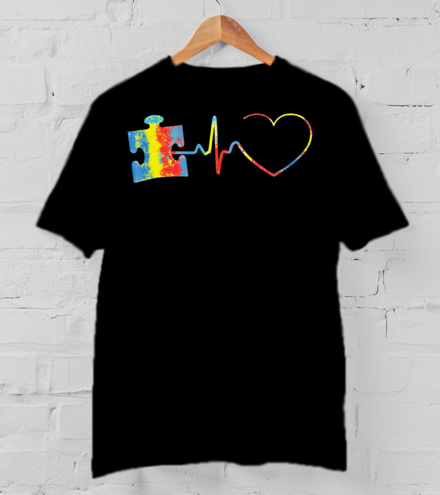 Autism Awareness Puzzle Piece With Colorful Heartbeat Line T-Shirt