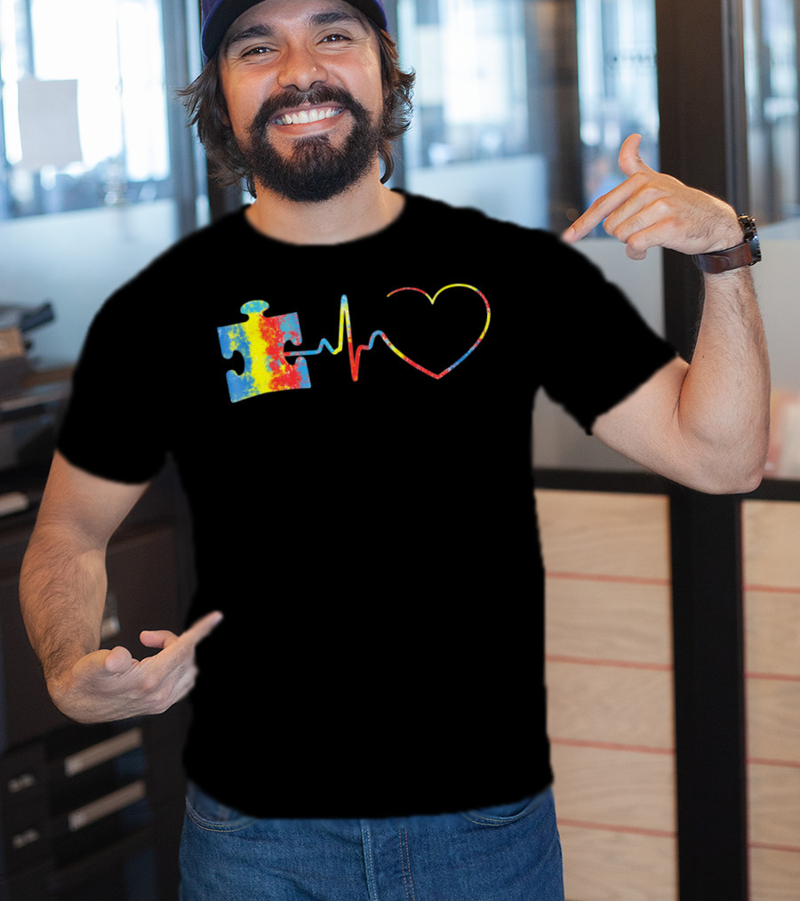 Autism Awareness Puzzle Piece With Colorful Heartbeat Line T-Shirt