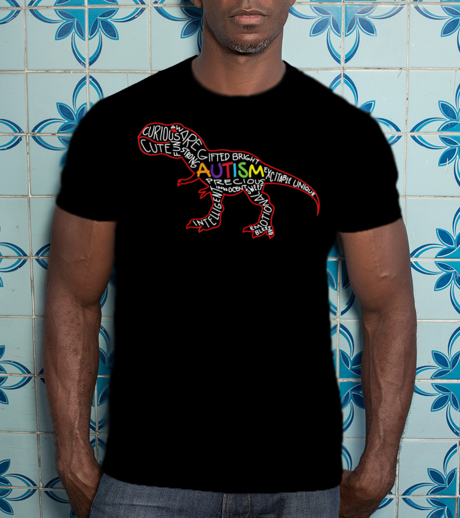 Autism Awareness Dinosaur With Positive Traits Word T-Shirt
