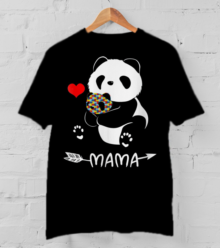 Mama Panda Bear Autism Awareness Heart Puzzle Support T-Shirt