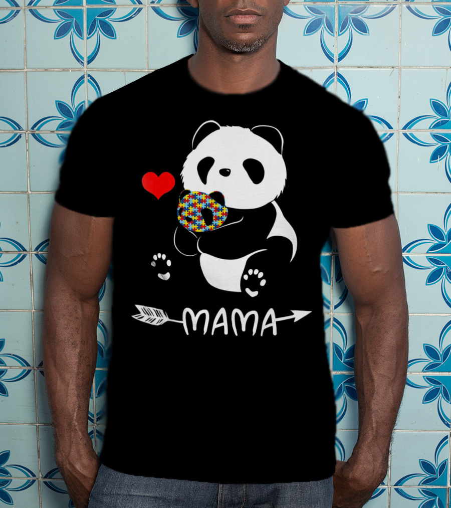 Mama Panda Bear Autism Awareness Heart Puzzle Support T-Shirt