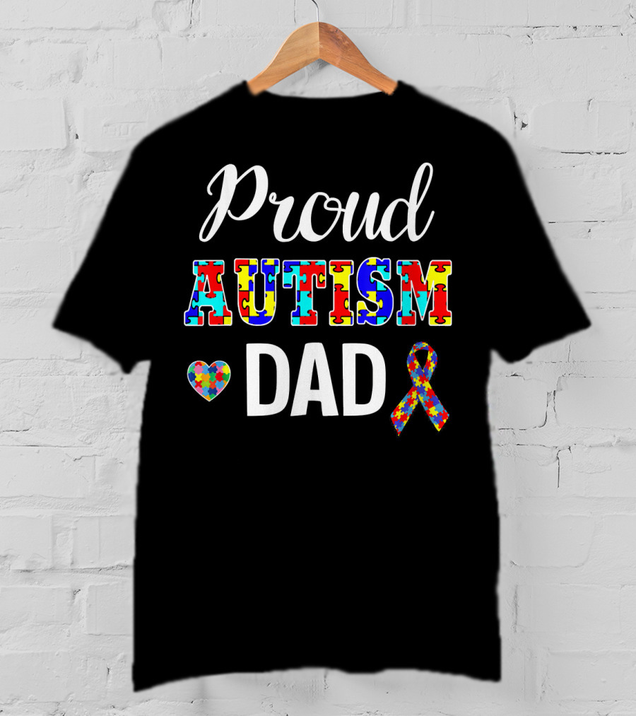 Proud Autism Dad With Puzzle Heart And Awareness T-Shirt