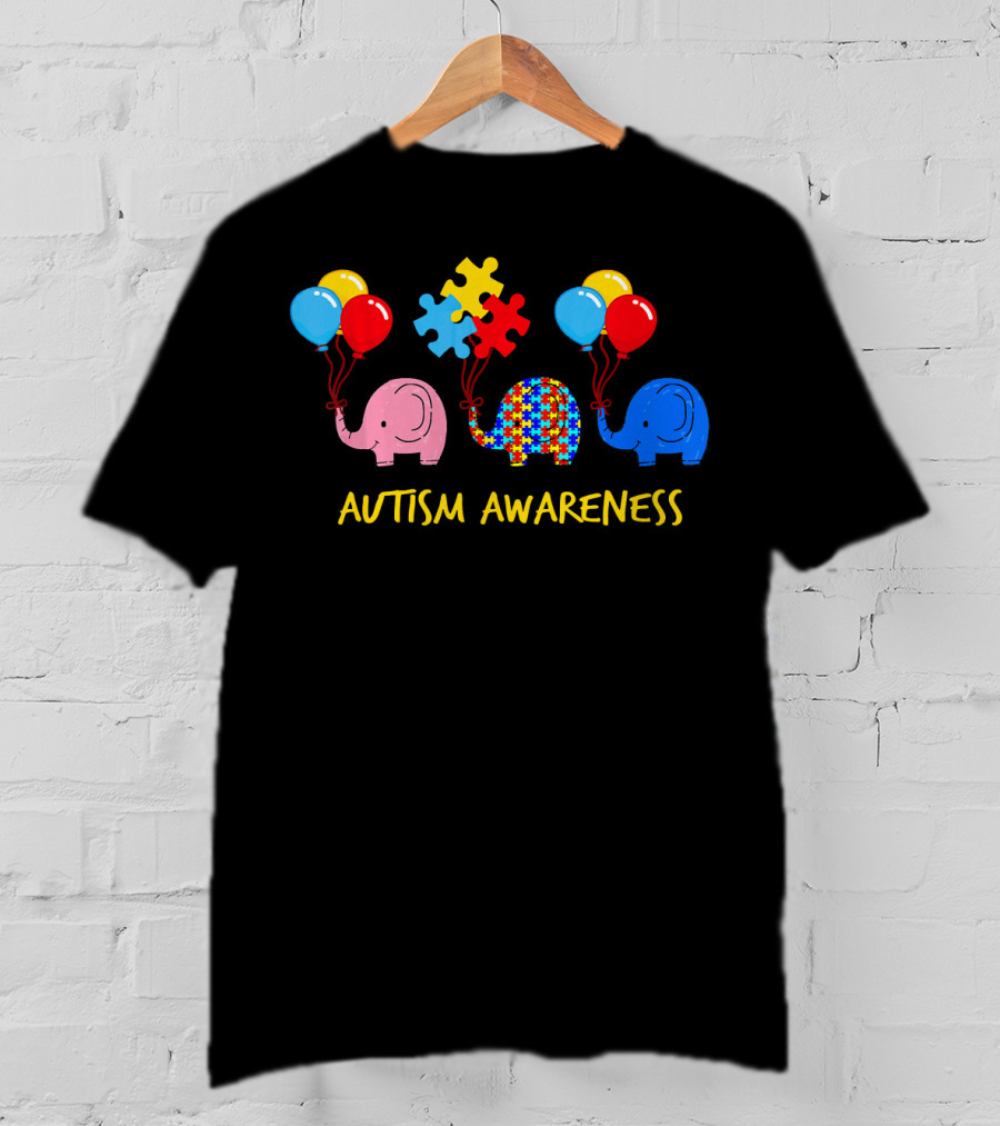 Three Elephants Autism Awareness Balloons Puzzle Pieces T-Shirt