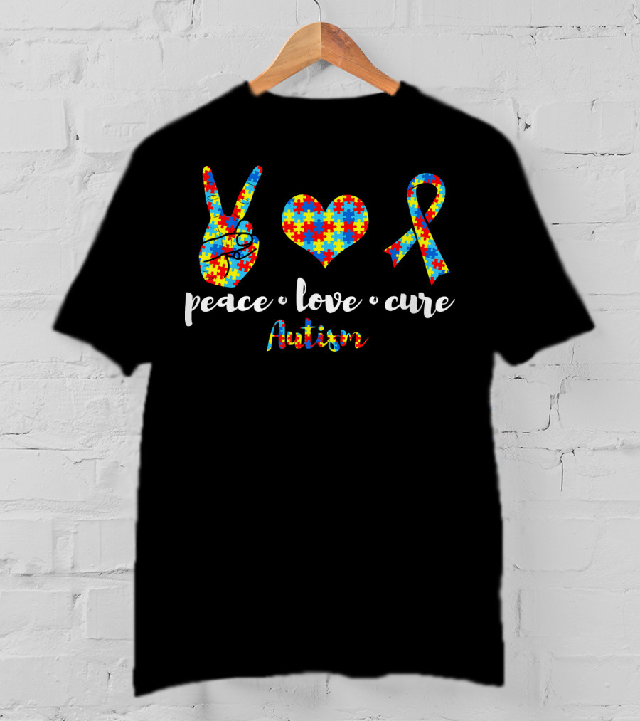 Peace Love Cure Autism Puzzle Ribbon Awareness Family T-Shirt