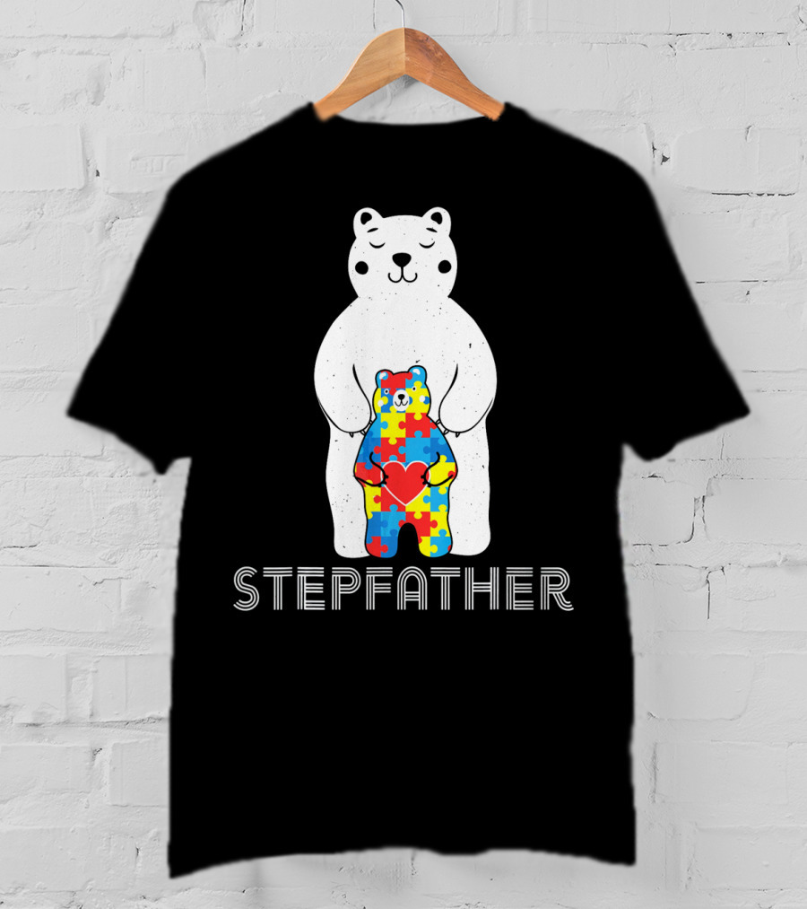 Stepfather Bear With Puzzle Pattern For Autism Awareness T-Shirt