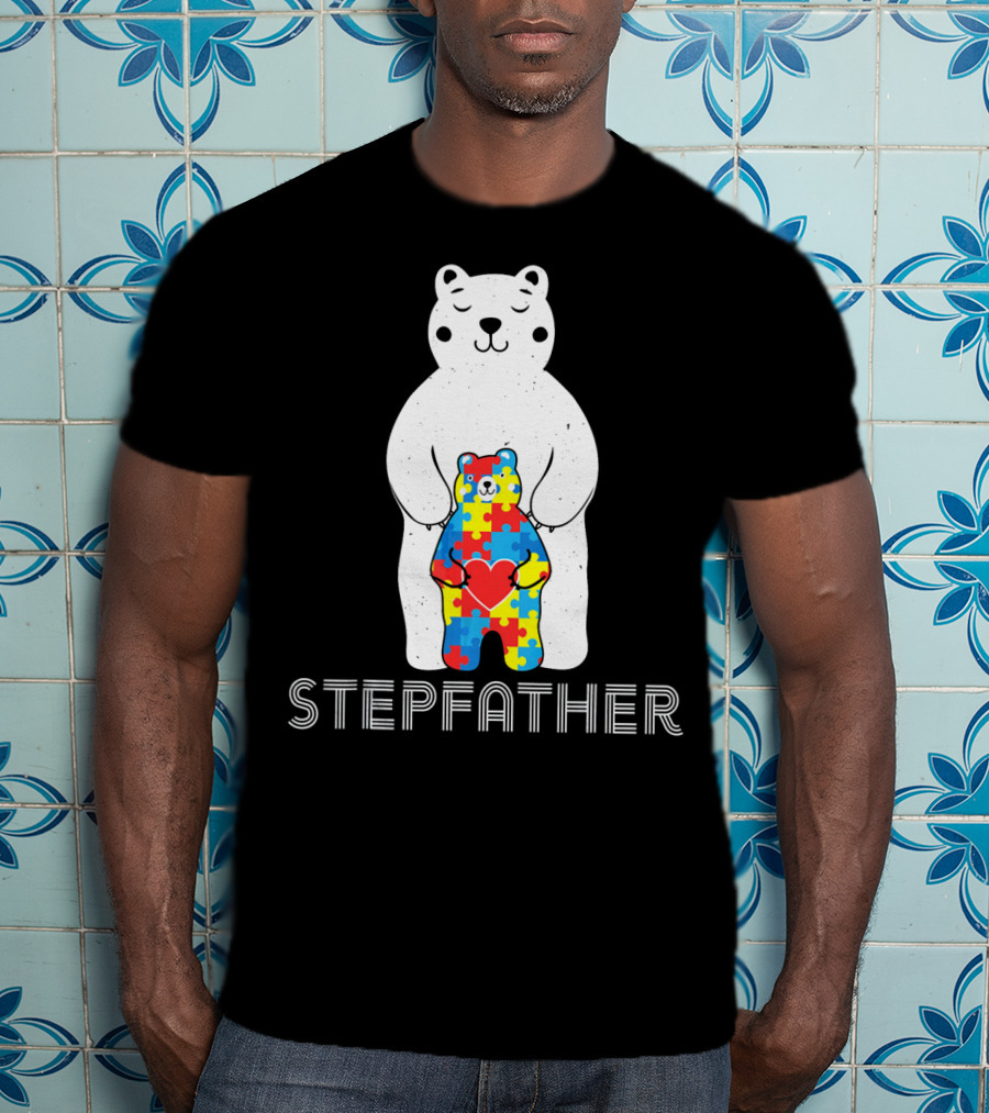 Stepfather Bear With Puzzle Pattern For Autism Awareness T-Shirt