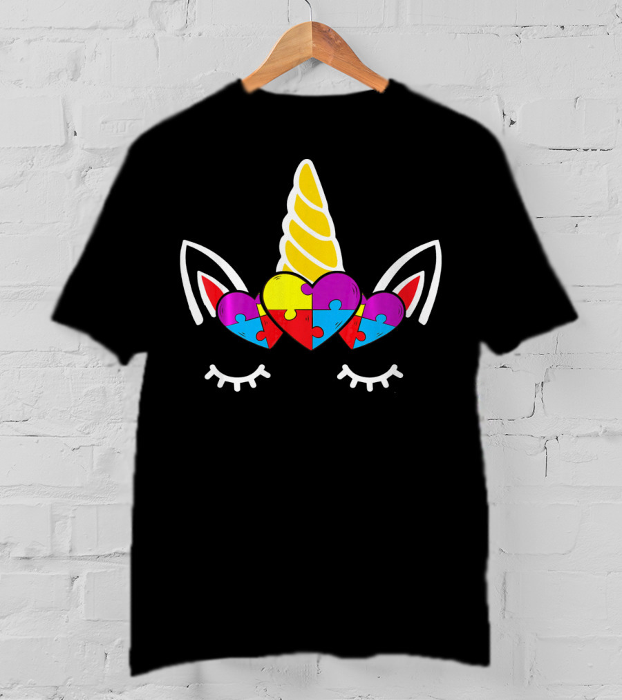 Heart Unicorn Face With Puzzle Pieces Autism Awareness T-Shirt