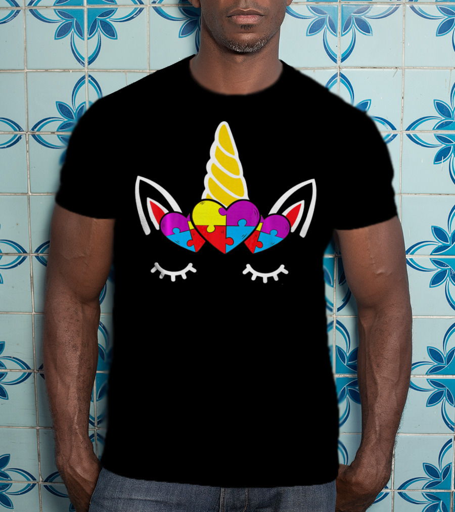 Heart Unicorn Face With Puzzle Pieces Autism Awareness T-Shirt