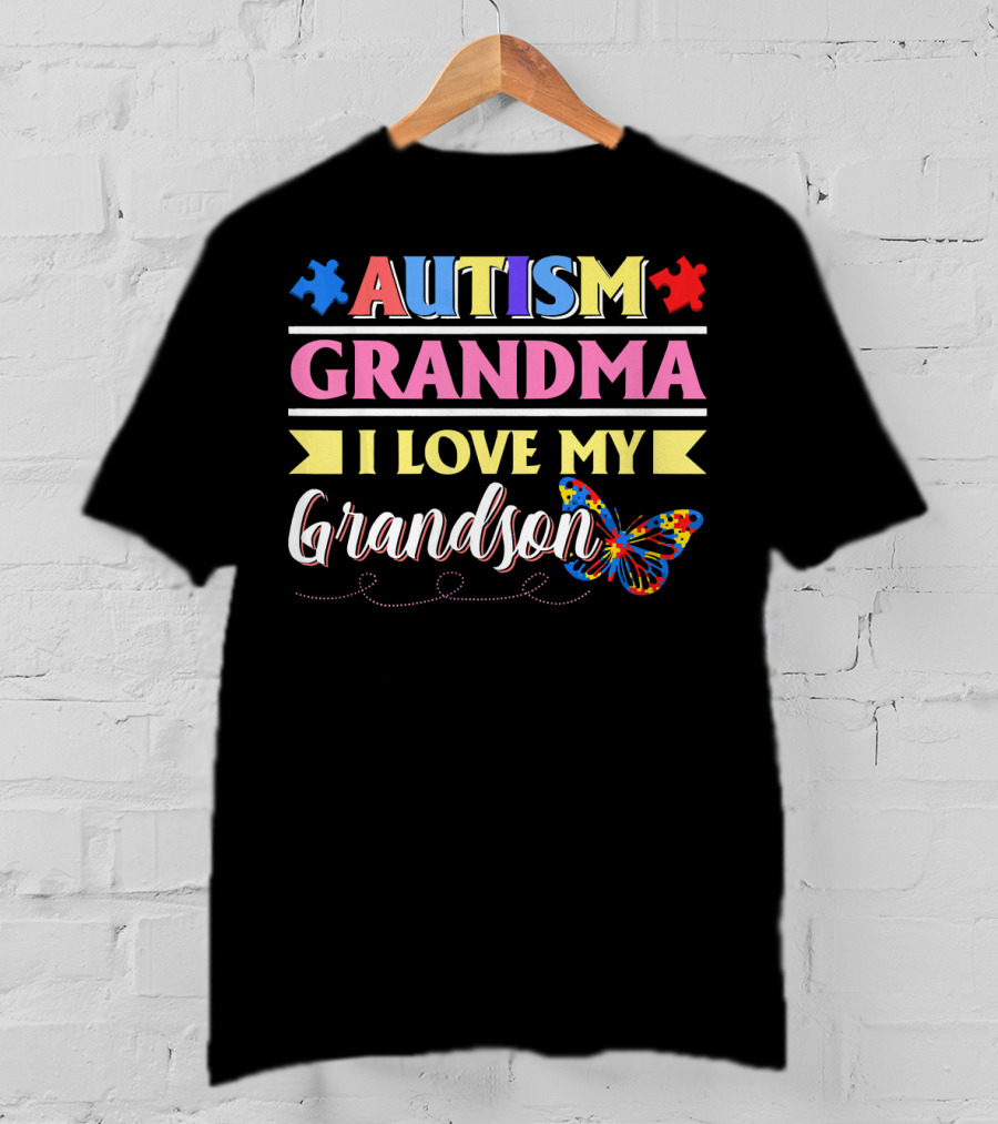Autism Grandma I Love My Grandson Colorful Puzzle Butterfly T-Shirt