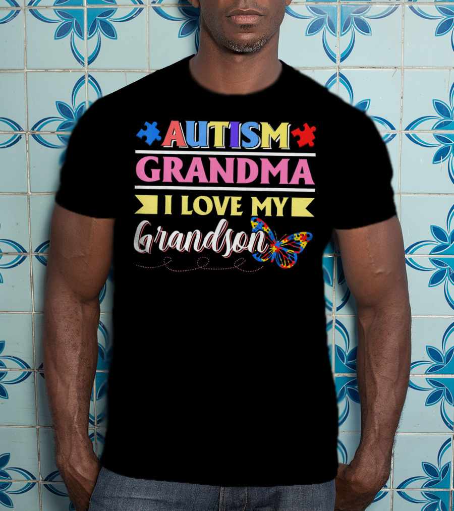 Autism Grandma I Love My Grandson Colorful Puzzle Butterfly T-Shirt