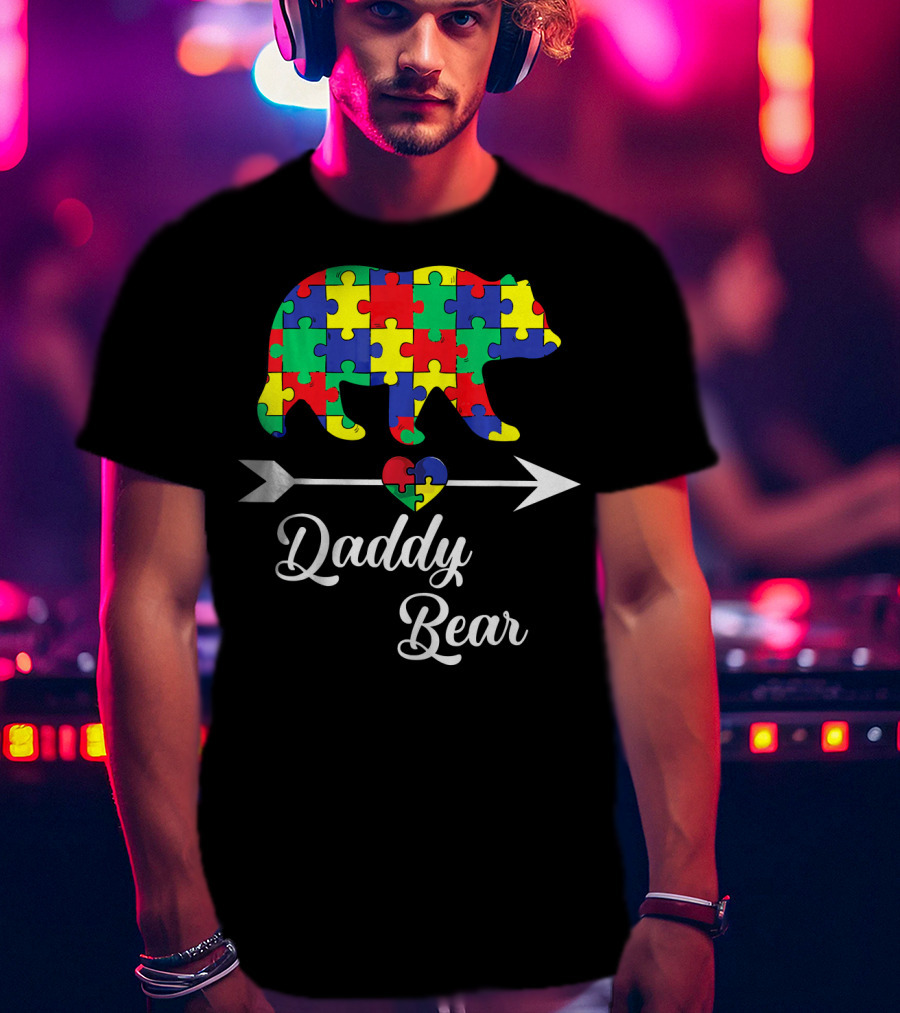 Daddy Bear Puzzle Heart Arrow Autism Awareness Dad T-Shirt