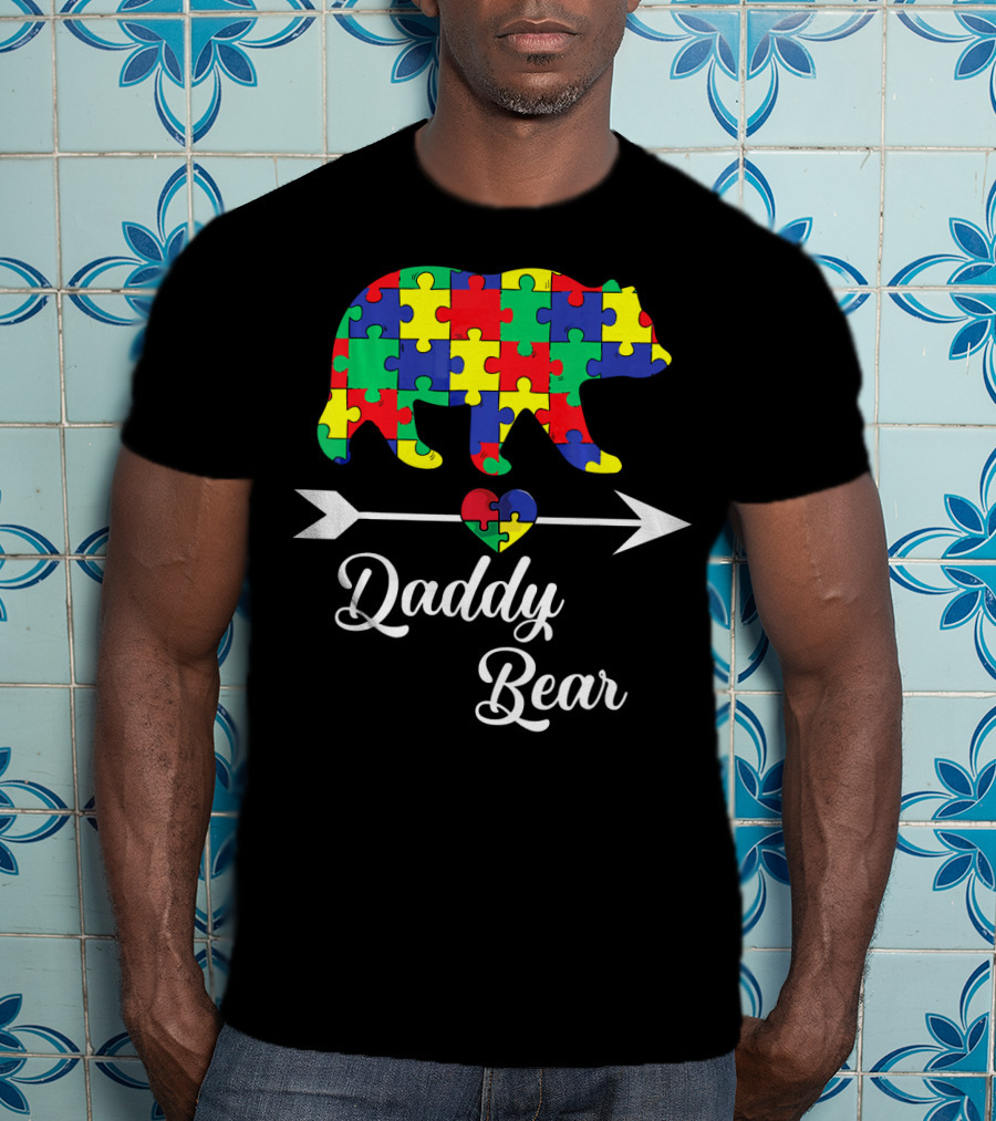 Daddy Bear Puzzle Heart Arrow Autism Awareness Dad T-Shirt