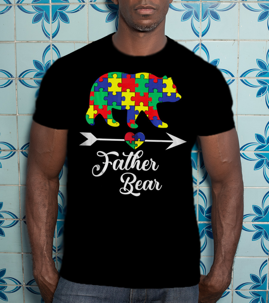 Father Bear Puzzle Autism Awareness Dad Arrow And Heart T-Shirt
