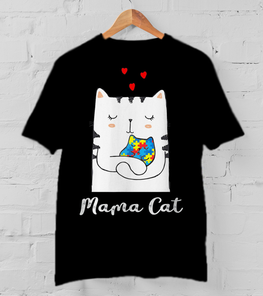Proud Autism Awareness Mama Cat Hugging Puzzle Piece Hearts T-Shirt