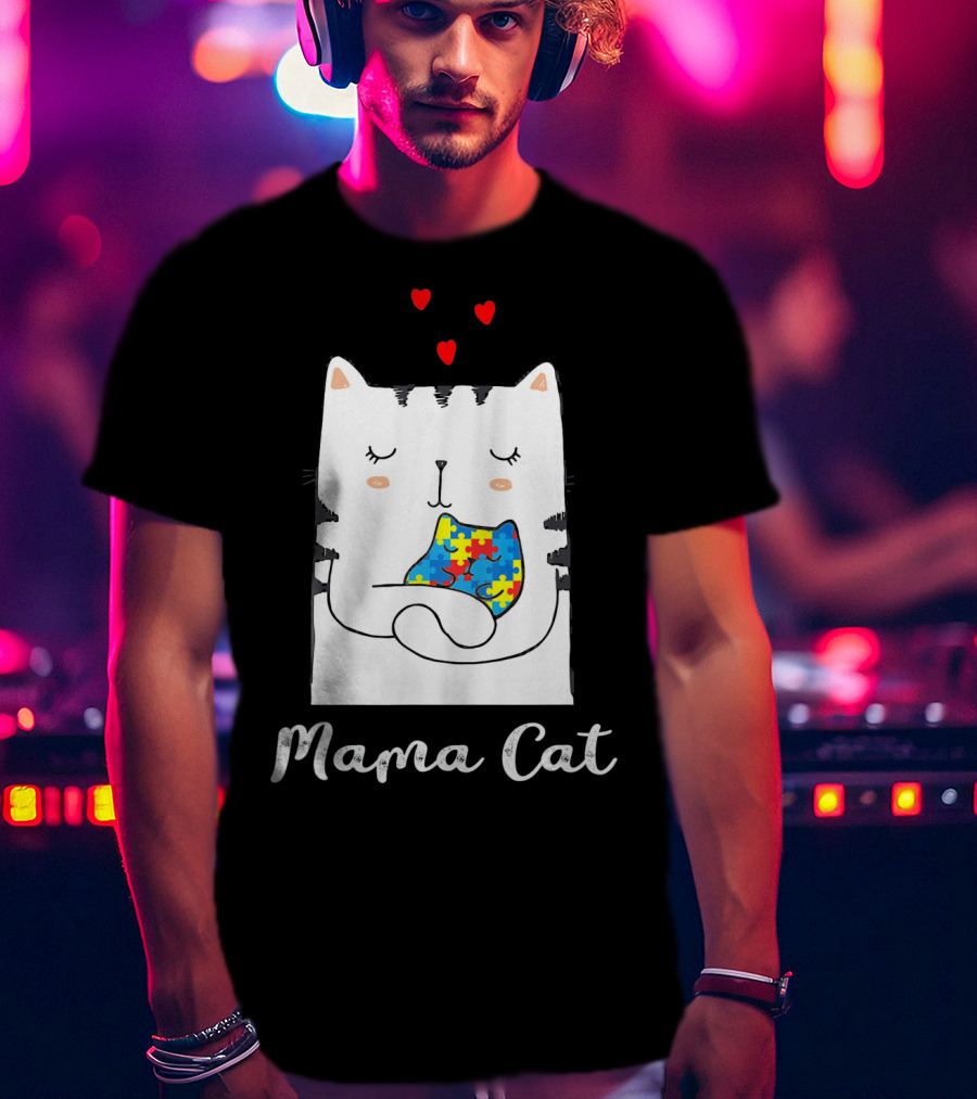 Proud Autism Awareness Mama Cat Hugging Puzzle Piece Hearts T-Shirt