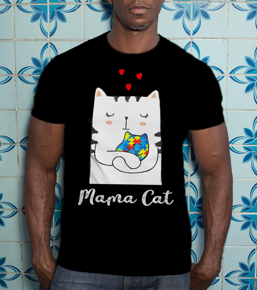 Proud Autism Awareness Mama Cat Hugging Puzzle Piece Hearts T-Shirt