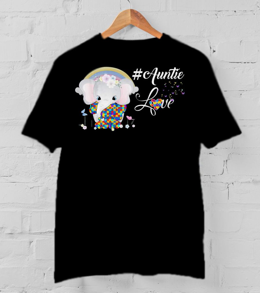 Auntie Love Autism Awareness Elephant With Colorful Puzzle Pattern And Rainbow T-Shirt