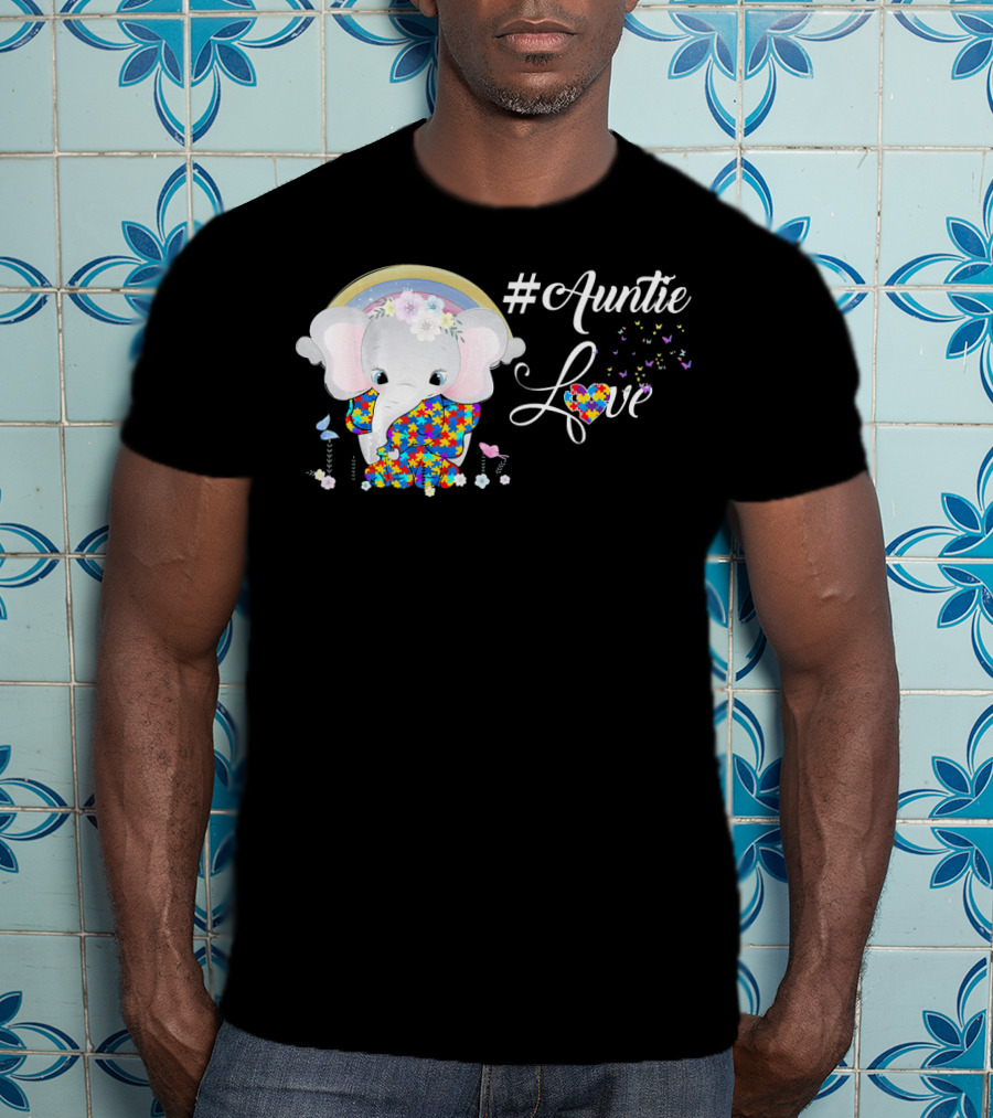 Auntie Love Autism Awareness Elephant With Colorful Puzzle Pattern And Rainbow T-Shirt