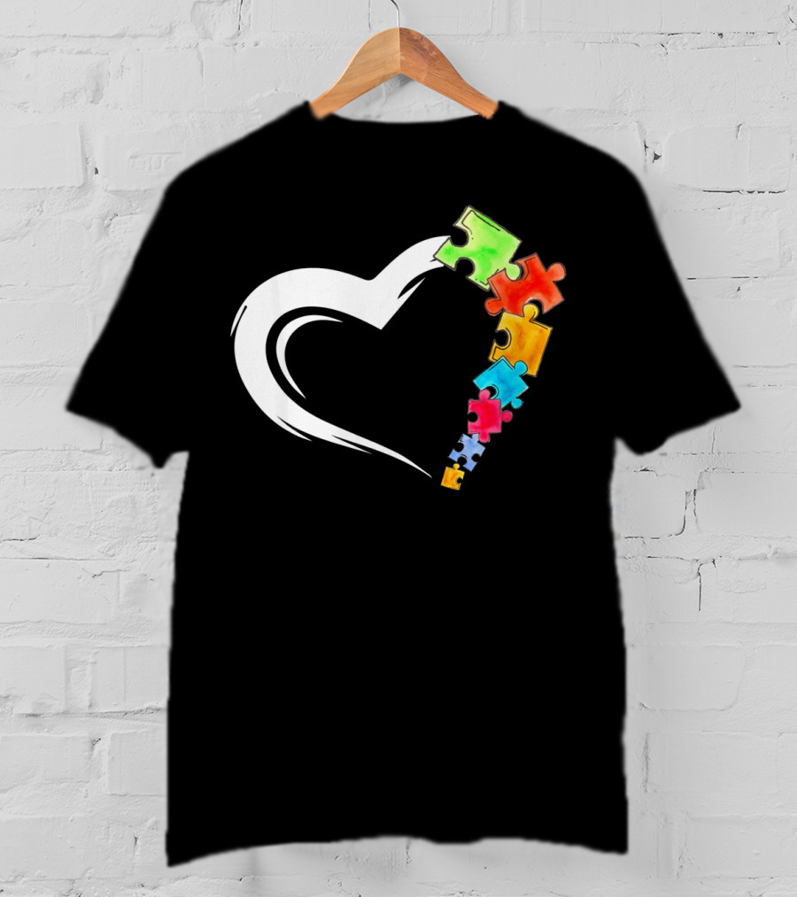 Autism Awareness Love Heart With Colorful Kind Puzzle Pieces T-Shirt