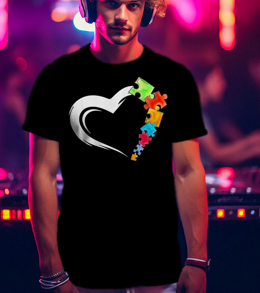 Autism Awareness Love Heart With Colorful Kind Puzzle Pieces T-Shirt