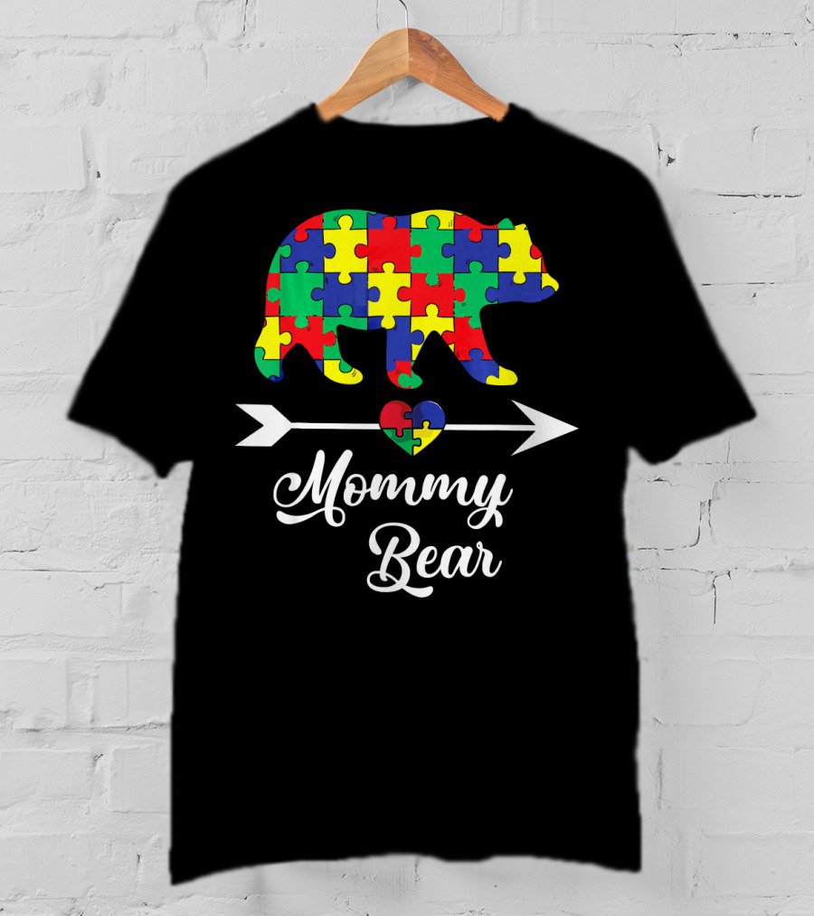 Mommy Bear With Puzzle Heart Autism Awareness T-Shirt