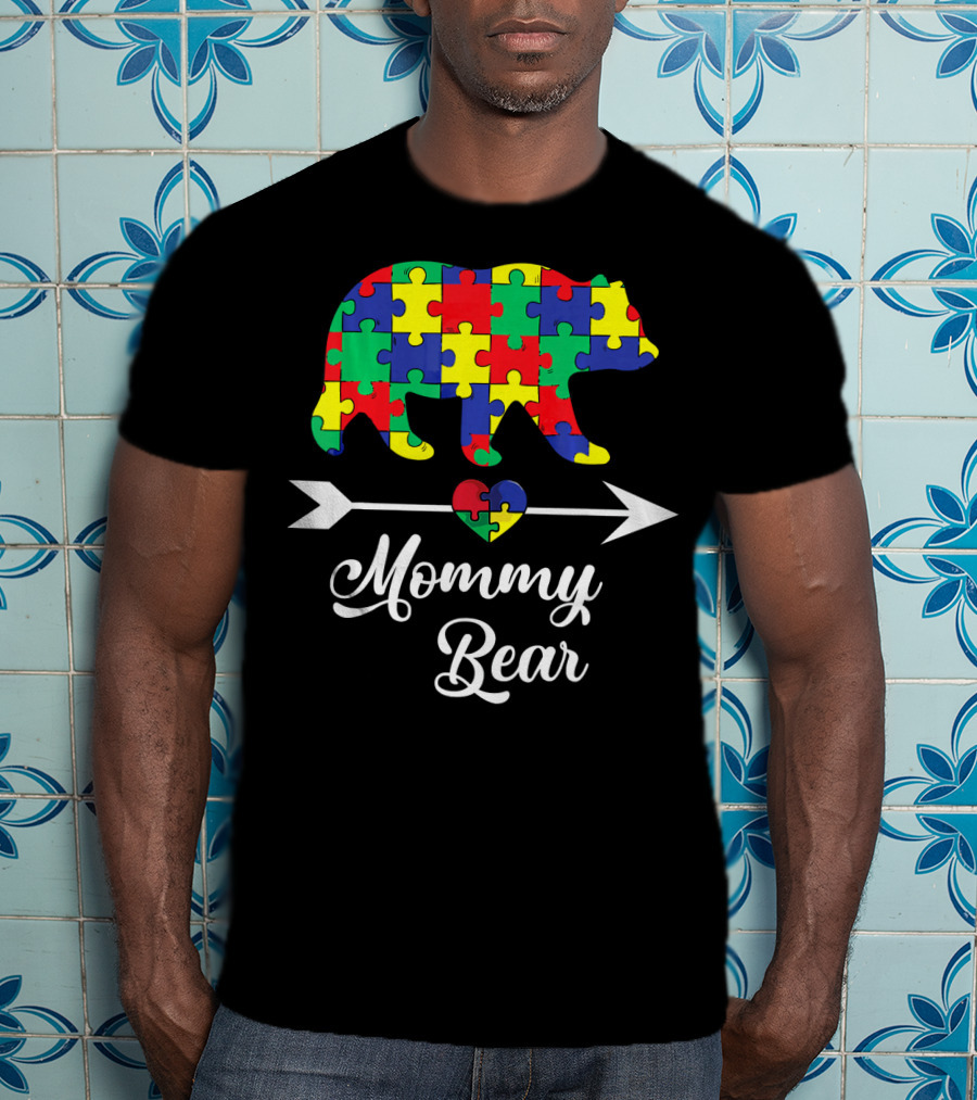 Mommy Bear With Puzzle Heart Autism Awareness T-Shirt
