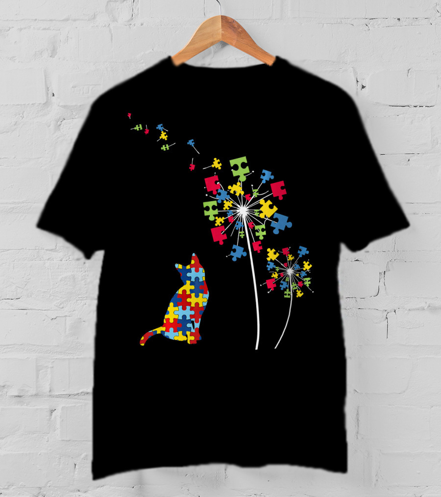 Colorful Puzzle Piece Cat And Dandelion Autism Awareness T-Shirt