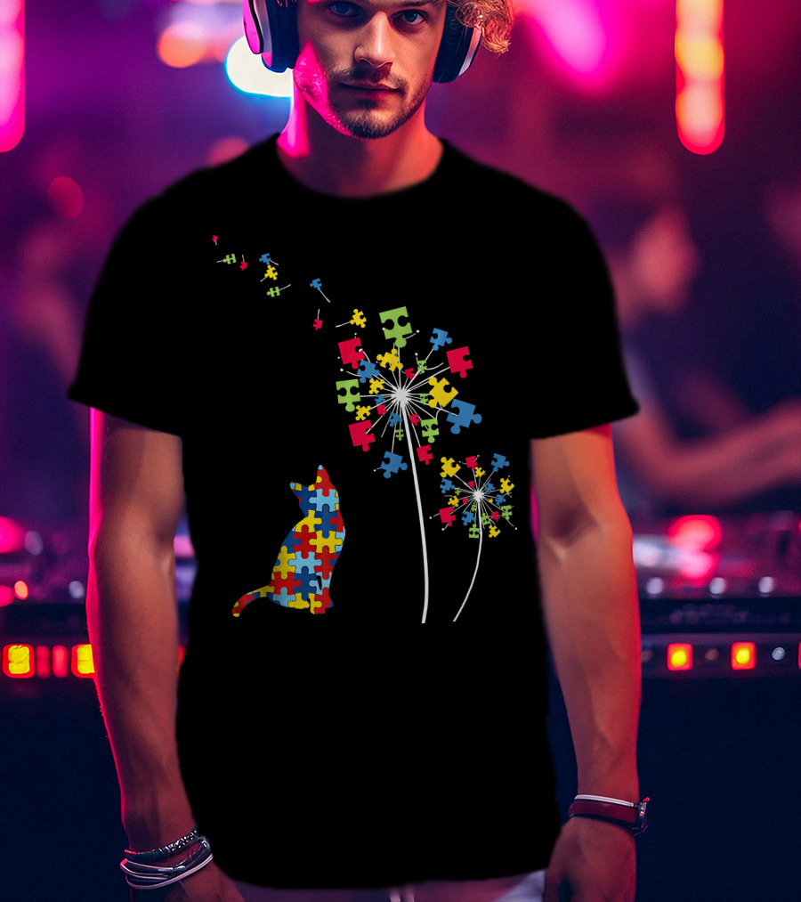 Colorful Puzzle Piece Cat And Dandelion Autism Awareness T-Shirt