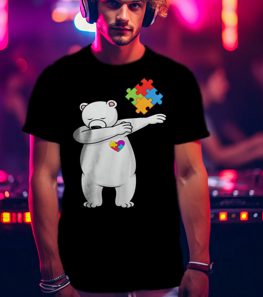 Dabbing Polar Bear Puzzle Piece Heart Autism Awareness T-Shirt