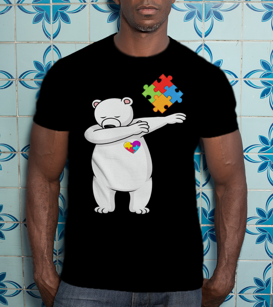 Dabbing Polar Bear Puzzle Piece Heart Autism Awareness T-Shirt